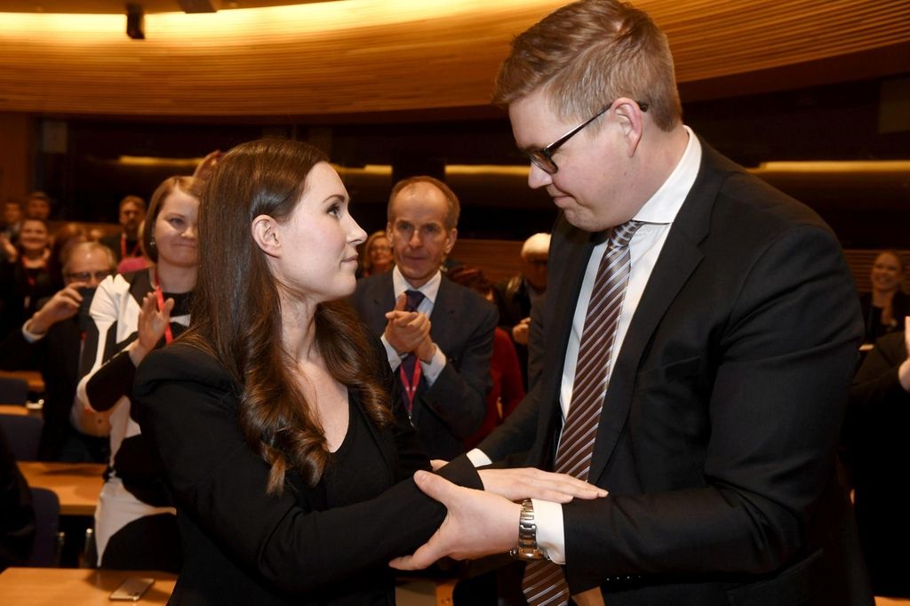The candidate for the next prime minister of Finland, Sanna Marin is seen with runner up Antti Lindtman after the SDP's prime minister candidate vote in Helsinki, Finland, December 8, 2019. Vesa Moilanen/Lehtikuva/via REUTERS ATTENTION EDITORS - THIS IMAGE WAS PROVIDED BY A THIRD PARTY. NO THIRD PARTY SALES. NOT FOR USE BY REUTERS THIRD PARTY DISTRIBUTORS. FINLAND OUT. NO COMMERCIAL OR EDITORIAL SALES IN FINLAND.