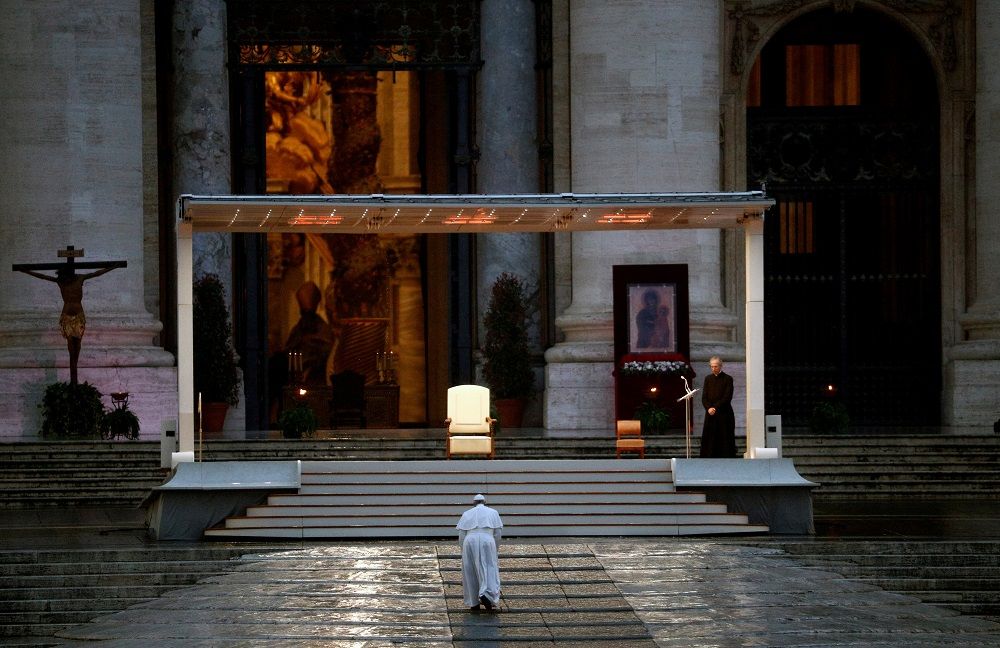 Pope Francis arrives to St. Peter’s Square to deliver an extraordinary 'Urbi et Orbi' blessing — normally given only at Christmas and Easter -, as a response to the global coronavirus disease pandemic, at the Vatican March 27, 2020. — Reuters pic