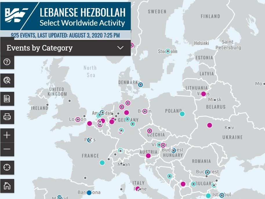 Users can close in on individual cities to see Hezbollah's activities. The Washington Institute 