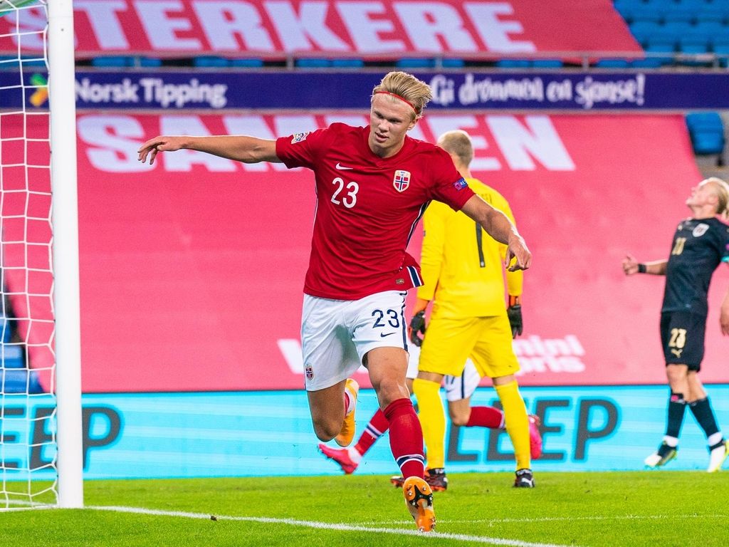Norway's Erling Braut Haaland celebrates scoring against Austria. EPA