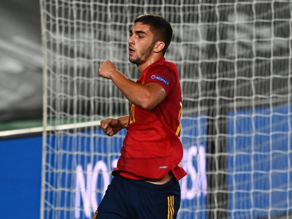 Ferran Torres celebrates scoring for Spain in their recent Uefa Nations League match against Ukraine. AFP