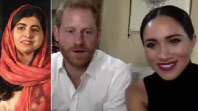 Harry and Meghan talk to Malala about women's education via Zoom.