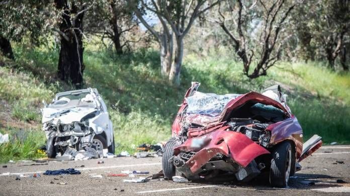 The site of a major crash on William Hovell Drive where a man and woman were left in critical conditions after a head-on collision. Image: Karleen Minney]