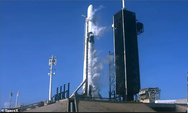 The booster successfully landed on the launchpad more than seven minutes after launch, putting Blue Origin at the forefront of recycling rockets as Elon Musk's SpaceX has only reused Falcon 9 (pictured) six times