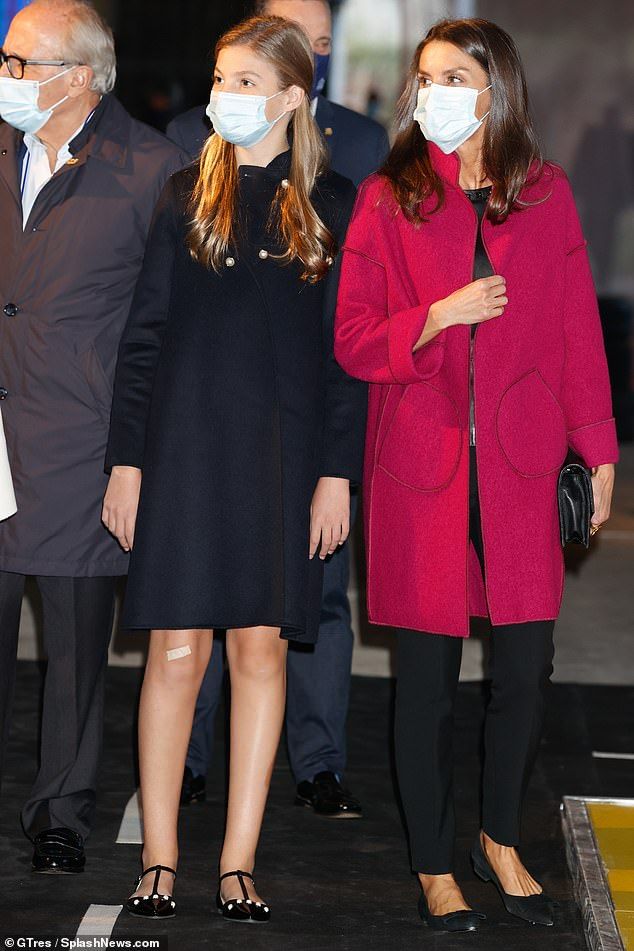 13-year-old Princess Sofia opted for a monochrome ensemble that sported a sleek black coat over a white polka dot top - and had a plaster on her right knee