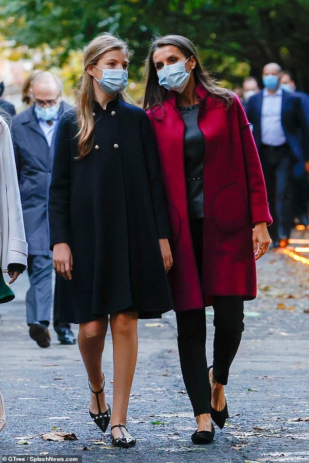 During their visit to the complex where the Princess of Asturias Awards ceremony takes place, the royals, all wearing face masks, toured the venue. Pictured: Letizia and Princess Sofia