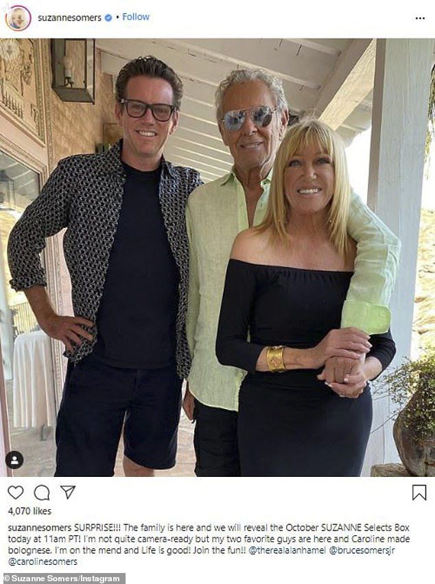 Better now: The actress was on the mend, she said in an Instagram post from a week ago with husband Alan Hamel. Also in the picture was her son Bruce Somers Jr.