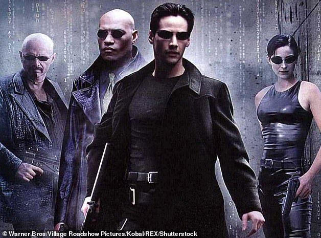 A long time ago when: (LR) Joe Pantoliano, Laurence Fishburne, Keanu Reeves and Carrie-Anne Moss are featured in the poster for the original 1999 Matrix