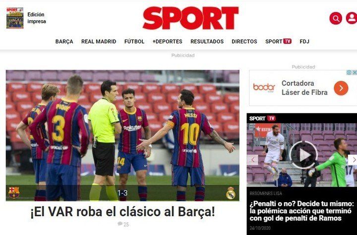 Front page of the Sport newspaper after Real Madrid's victory against Barcelona at the Camp Nou.