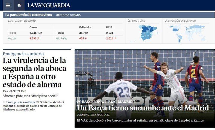 Front page of La Vanguardia newspaper after Real Madrid's victory over Barcelona at the Camp Nou.