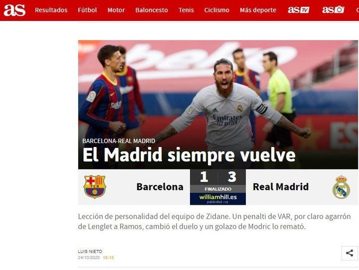 Cover of the newspaper As after Real Madrid's victory against Barcelona at the Camp Nou.