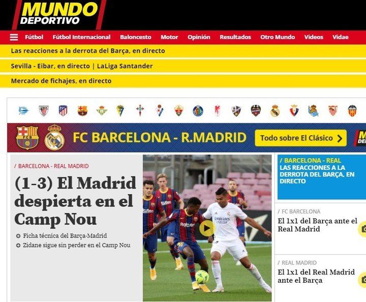 Front page of Mundo Deportivo newspaper after Real Madrid's victory against Barcelona at the Camp Nou.