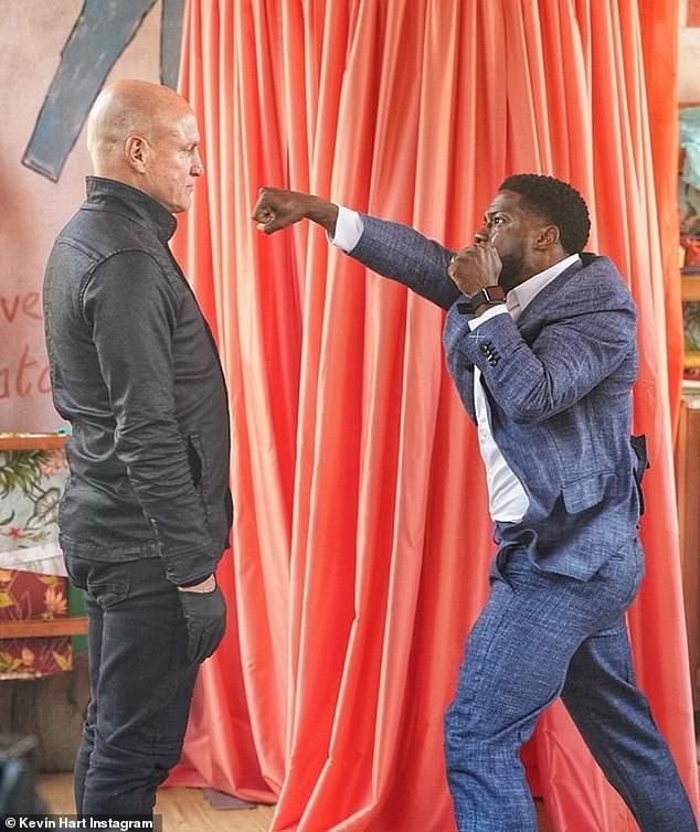 Working photo: Hart also took to Instagram and shared a moment where he punched his co-star who doesn't seem the least bit worried