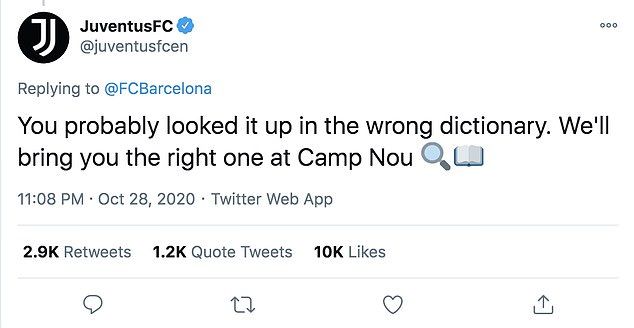 The two European clubs exchanged messages on Twitter after Barca beat Juve 2-0 in Turin