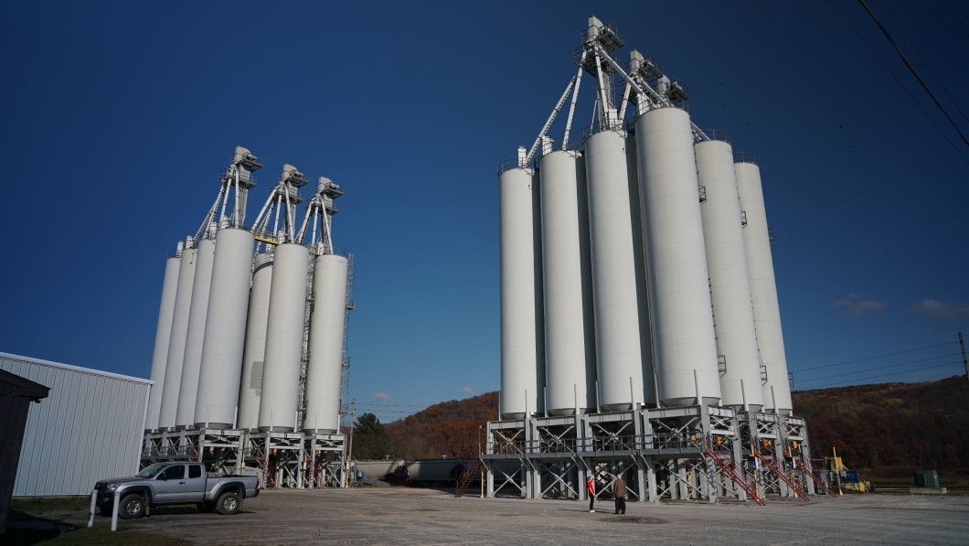SAND DEPOT: Large silos are used to store sand used in the fracking process.