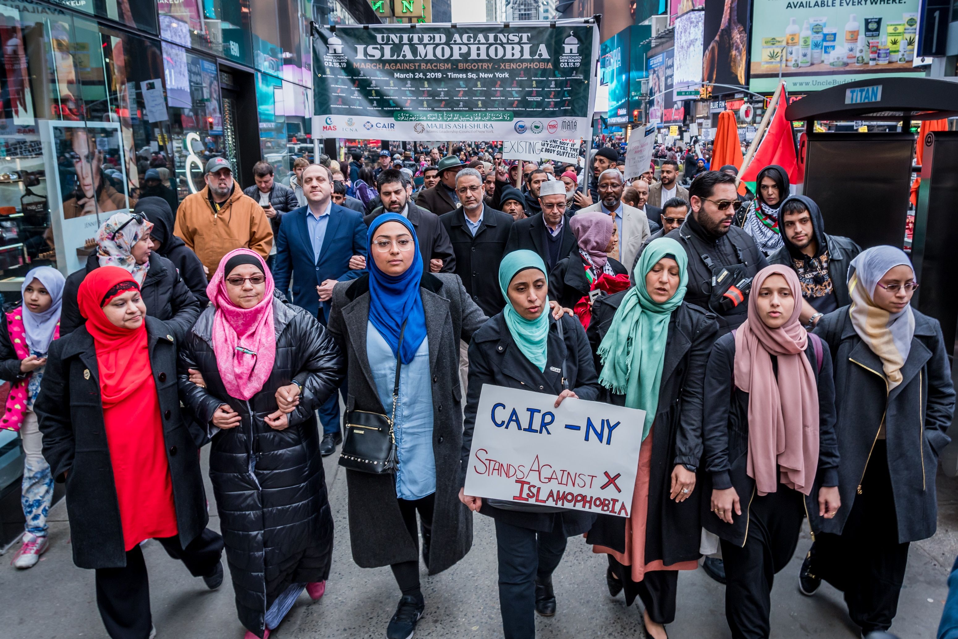 Muslim leaders and allies at a rally against Islamophobia in New York's Times Square in 2019.