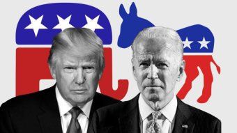 A composite image of Donald Trump and Joe Biden in front of the Republican and Democratic Party logos.