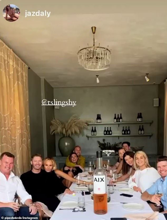 Lunch with friends: Pip was joined by her best friend Jaz Daly (fourth left) for lunch, who posted a group photo at the table on her Instagram page, which also included former bachelorette stars Brittany Hockley (third right) and Helena Sauzier (second right)