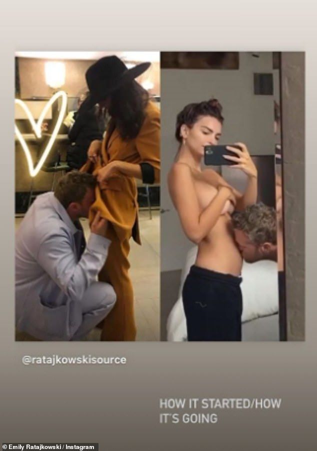 Delicious Mom-to-Be: Emily recently posed topless as her husband Sebastian tenderly kissed her growing baby bump in a new social media snapshot