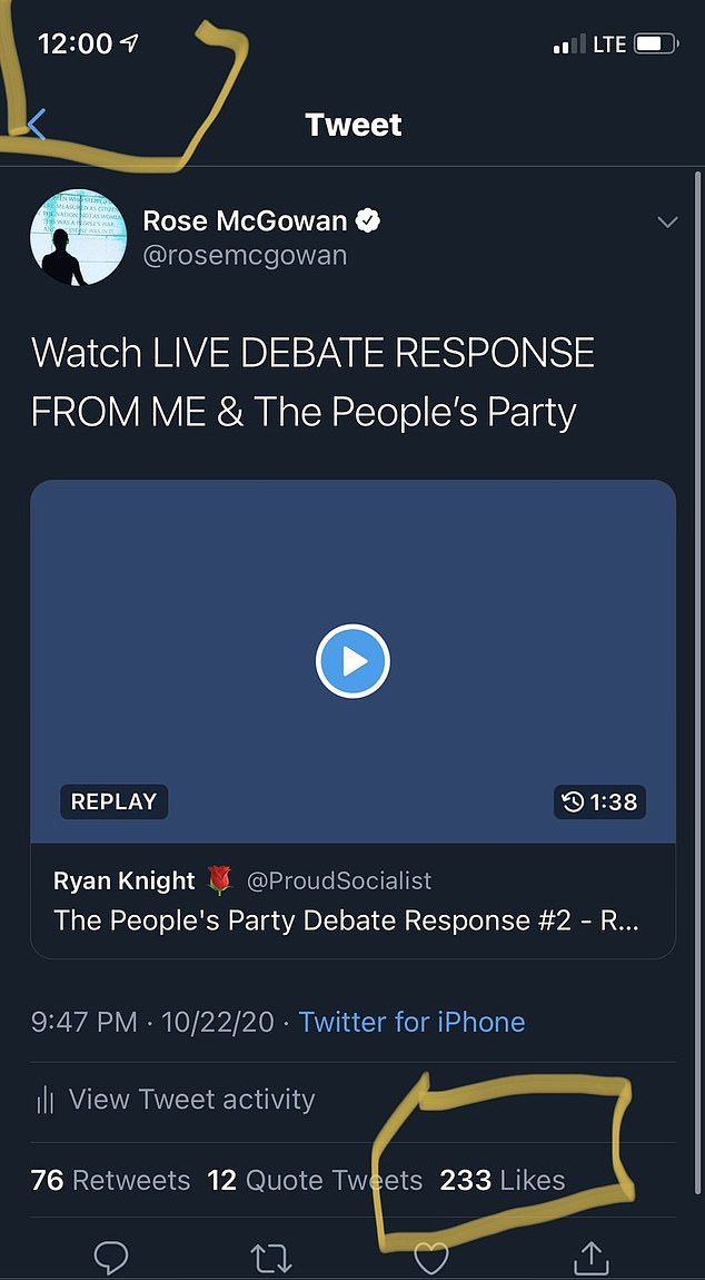 McGowan said she only got an average of 230 likes on her tweets in 24 hours, despite having a million followers. She claimed this was evidence that Twitter suppressed her