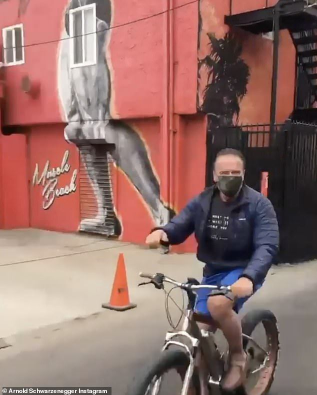 Funer Vibe: Schwarzenegger also used social media to share pictures of himself in front of a painting of Muscle Beach in Venice Beach, California