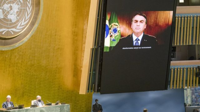 Bolsonaro speaks on screen at UN assembly