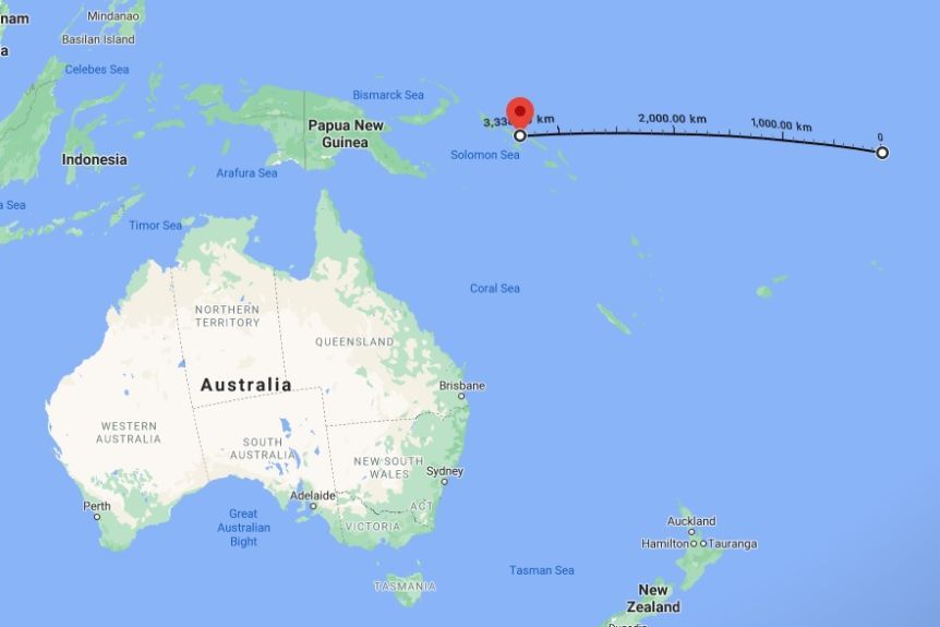 A map showing the distance between Wagina Island in the Solomon Islands and Hull Island, part of what is now Kiribati.