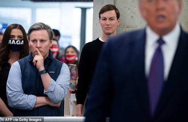 Jared Kushner is constantly present at the side of President Donald Trump - above he can be seen behind the President with campaign manager Bill Stepien when Trump visited his campaign headquarters on election day