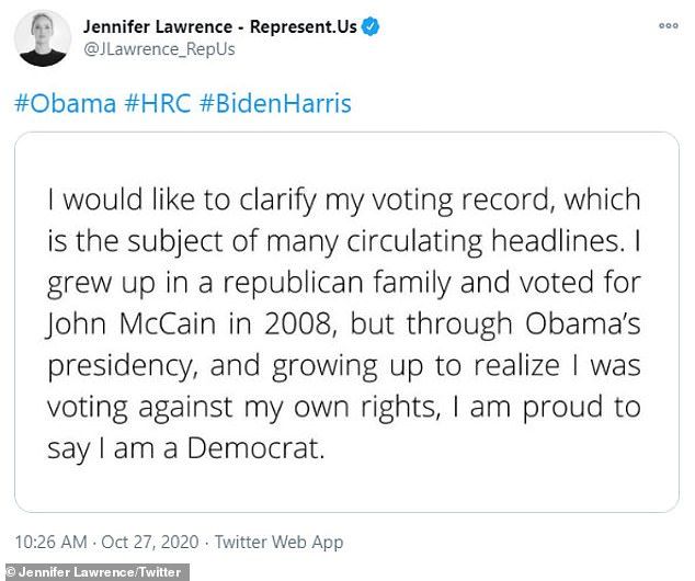 Clarification: Lawrence made her political connections now that she is older in a tweet last month after speaking out about being more conservative in the past