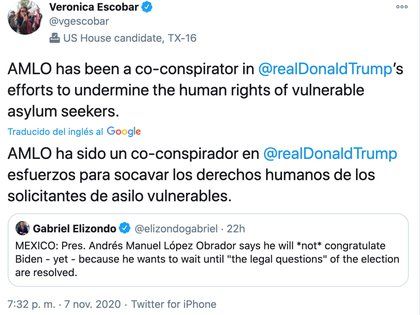 The harsh message against AMLO from the Texas congresswoman (Photo: Twitter @vgescobar)