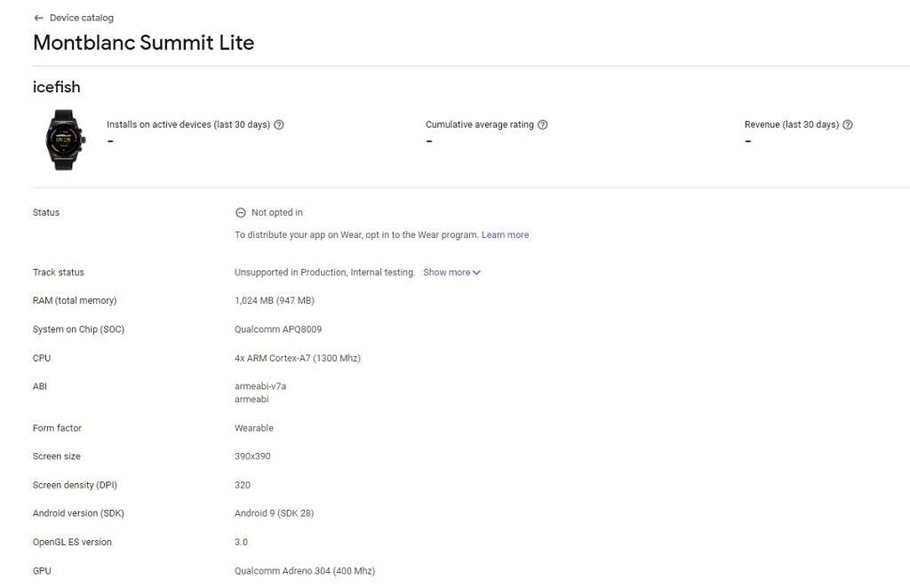Entry in the Google Play Console from Montblanc Summit Lite