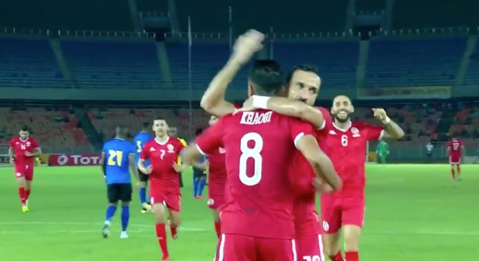 Ali Maaloul celebrates with Saif El Din Khawi in the Tunisia and Tanzania match in the 2021 African Nations Qualifiers