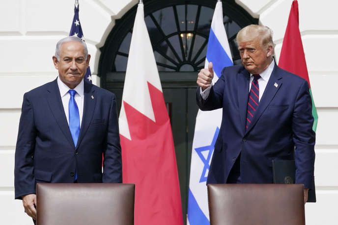 U.S. President Donald Trump with Israeli Prime Minister Benjamin Netanyahiou at the Abraham Accords signing ceremony on the South Lawn of the White House in Washington, September 25, 2020.
