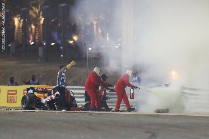 Formula 1 driver Roman Grogan in a terrible accident during the Bahrain Grand Prix