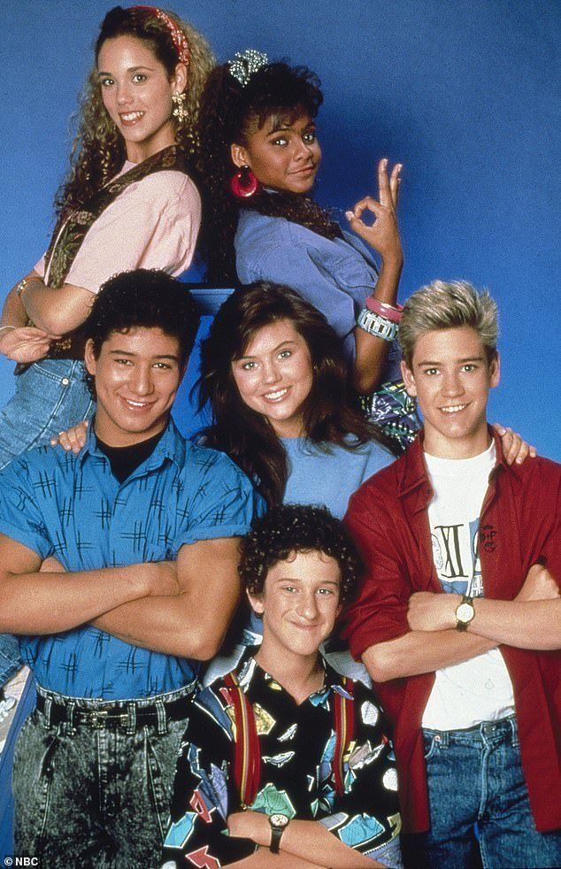 Throwback: Diamond (bottom, center) is pictured with her co-stars on the original Saved By The Bell series which aired on ABC from 1989 to 1993
