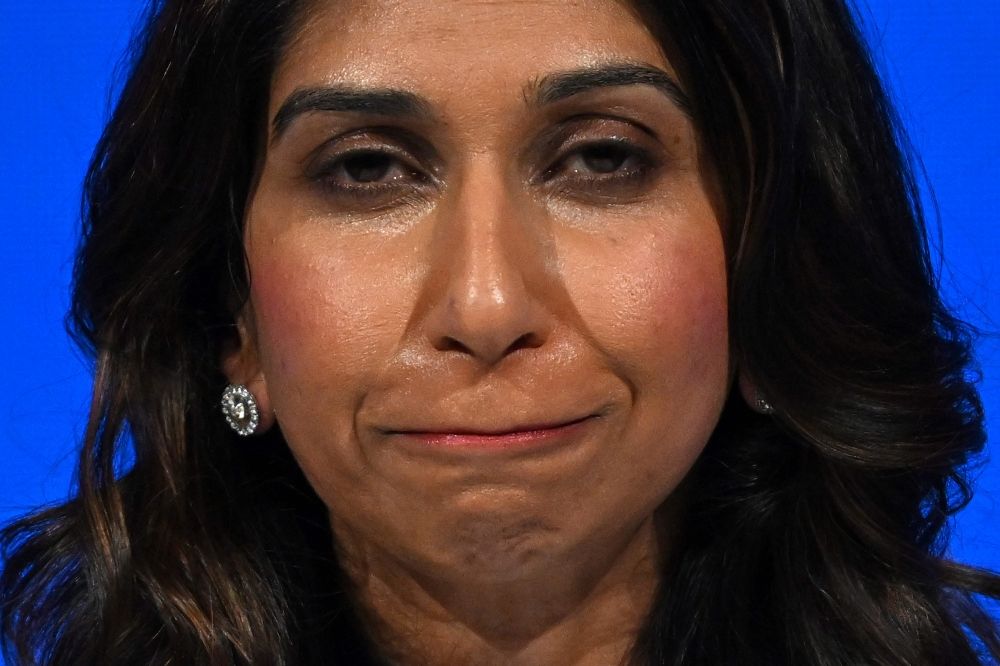 File photo of Britain’s Home Secretary Suella Braverman addressing delegates at the annual Conservative Party Conference in Manchester, northern England, on October 3, 2023. ― AFP pic
