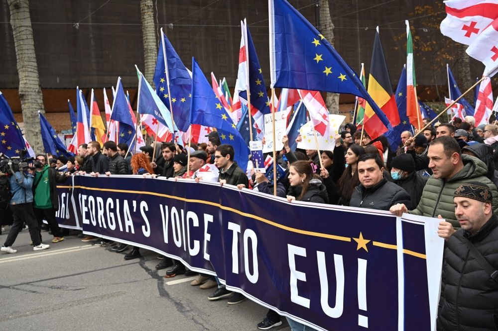 Georgians stage a pro-EU march in the capital Tbilisi on December 9, 2023, days before the bloc is expected to put the Black Sea nation on a formal membership path. — AFP pic