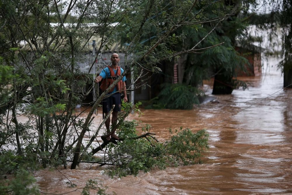 A resident hangs on a tree while waiting for a rescue team. — AFP pic