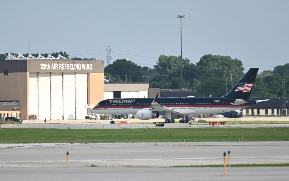 Former US president and Republican presidential candidate Donald Trump’s plane lands at the Milwaukee Mitchell International Airport in Wisconsin on July 14, 2024. — AFP pic
