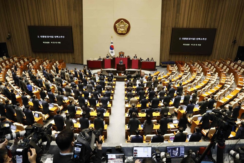 South Korea President Yoon survives impeachment over martial law fiasco South Korean lawmakers started voting yesterday on a motion to impeach President Yoon Suk-yeol over his short-lived declaration of martial law, even after most ruling party MPs boycotted, a live TV feed showed. — AFP pic