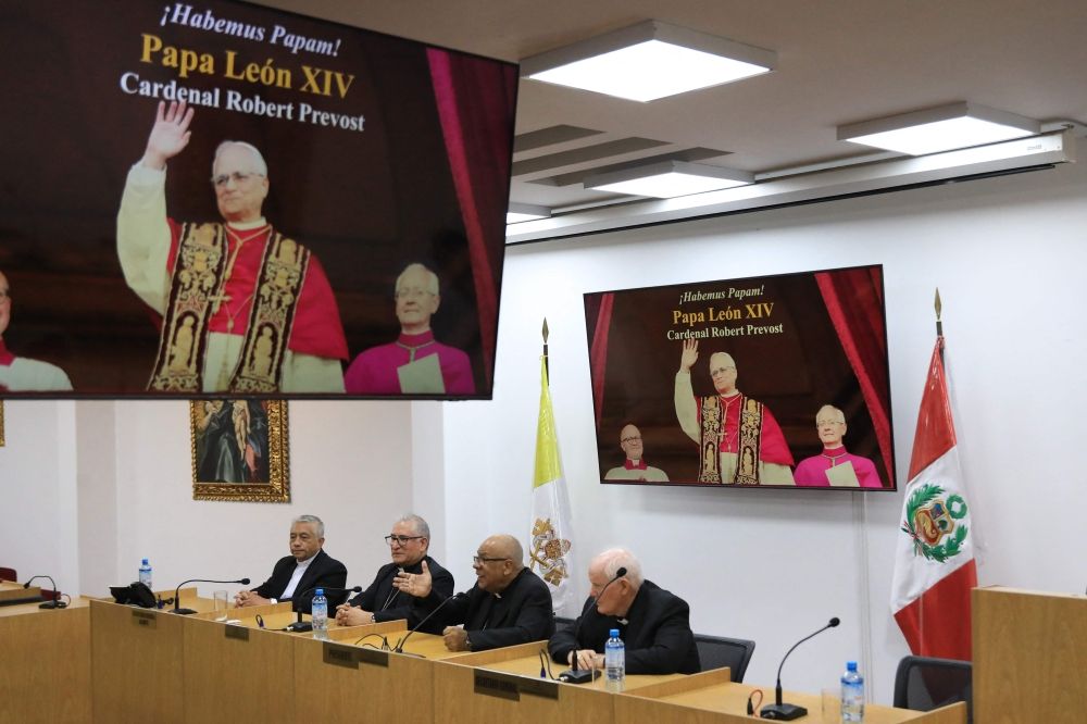 (From left) Deputy Secretary General of the Peruvian Episcopate Guillermo Pereda, Bishop of Callao Luis Barrera Pacheco, President of the Peruvian Episcopal Conference Carlos Enrique Garcia, and Secretary General of the Peruvian Episcopate Antonio Santarsiero Rosa are seen during a press conference after the naming of US Cardinal Robert Prevost as the new Pope Leo XIV at the Peruvian Episcopal Conference in Lima on May 8, 2025. — AFP pic