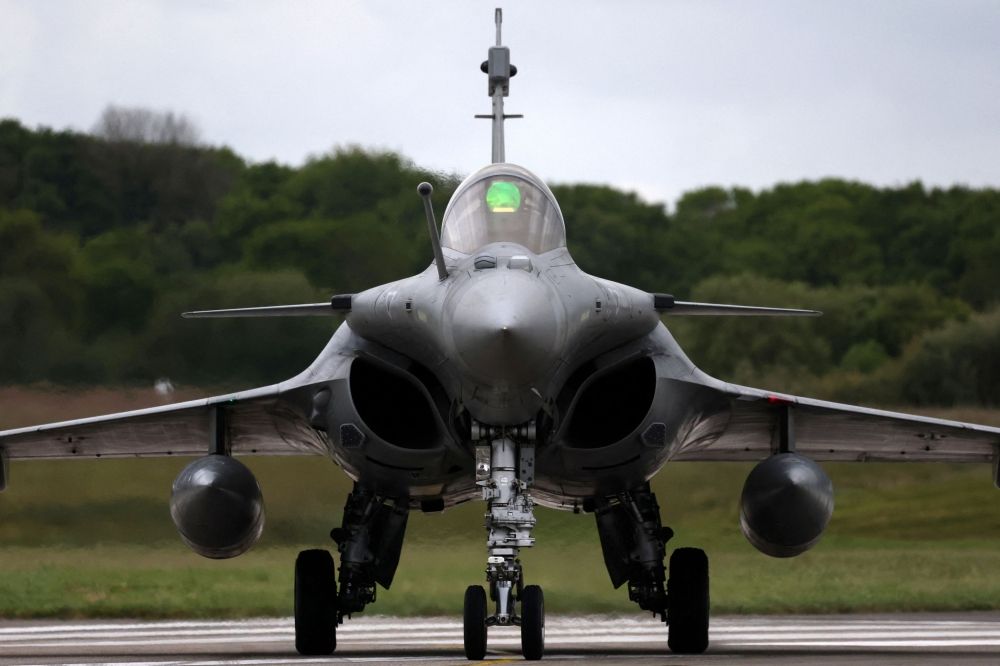 A Rafale M takes part in a practice session for a simulated landing on an aircraft carrier in Saint-Servais, Brittany, France, May 7, 2025.— Reuters pic