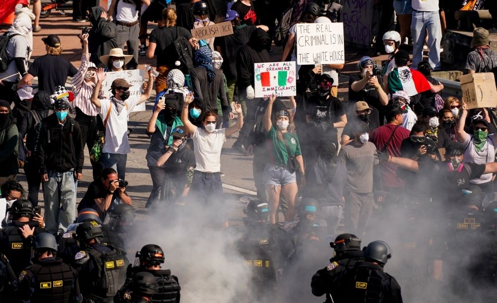 More scuffles in Los Angeles as soldiers sent by Trump fan out People demonstrate during a protest against federal immigration sweeps in downtown Los Angeles, California, US June 8, 2025. — Reuters pic