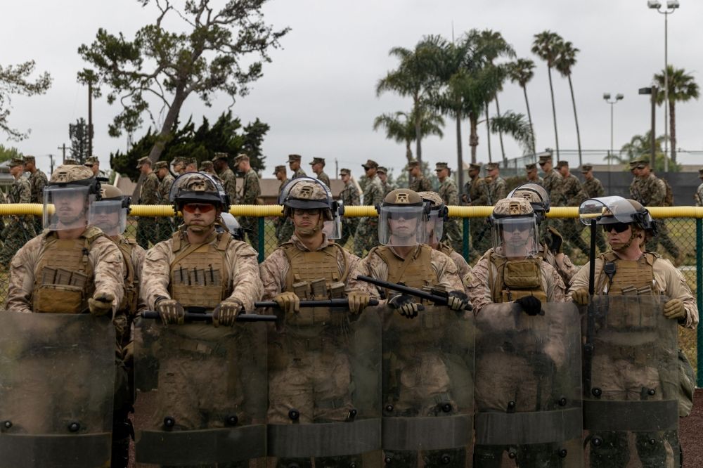 US Marines with 2nd Battalion, 7th Marine Regiment, 1st Marine Division, who were placed in an alert status over the weekend, rehearse crowd control tactics at a base in the greater Los Angeles area, California June 10, 2025. — US Marine Corps/Cpl. Jaye Townsend handout pic via Reuters