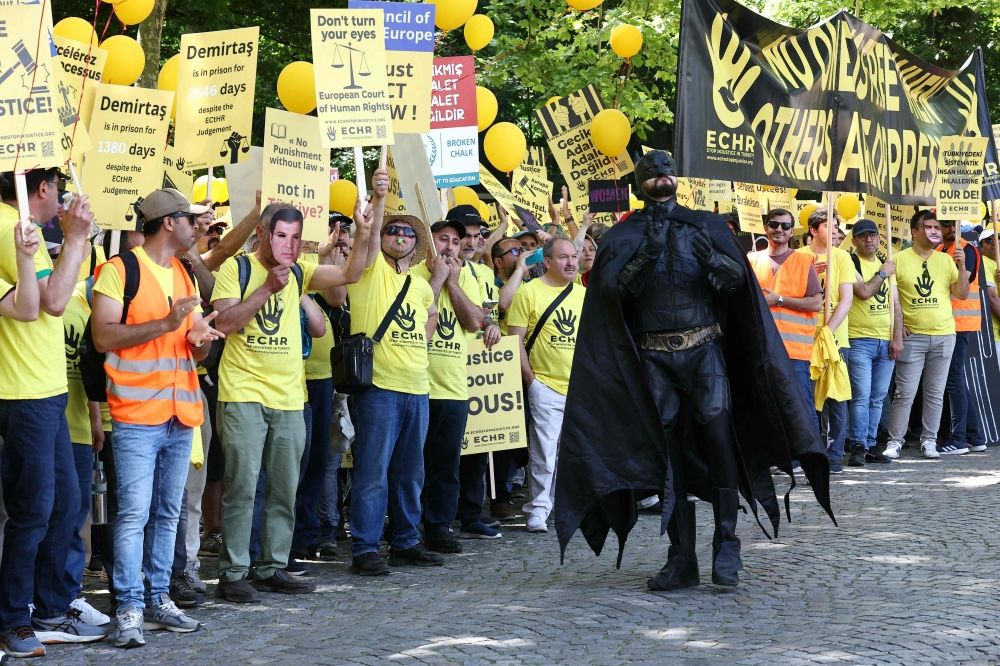Protesters and members of the Collective for the Defence of Human Rights in Turkey demonstrate outside the Council of Europe, in Strasbourg, eastern France, on June 25, 2025. — AFP pic