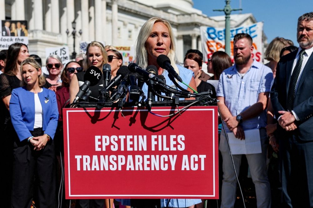 US Representative Marjorie Taylor Greene speaks during a press conference to discuss the Epstein Files Transparency bill on Capitol Hill in Washington, DC, on September 3, 2025. — Reuters pic US Representative Marjorie Taylor Greene speaks during a press conference to discuss the Epstein Files Transparency bill on Capitol Hill in Washington, DC, on September 3, 2025. — Reuters pic