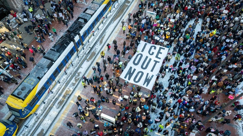 In an aerial view, demonstrators gather to march calling for an end to ICE operations in Minnesota on January 30, 2026 in Minneapolis, Minnesota. Protesters marched through downtown to protest the deaths of Renee Good on January 7, and Alex Pretti on January 24 by federal immigration agents. — John Moore/Getty Images/Getty Images North America/AFP pic In an aerial view, demonstrators gather to march calling for an end to ICE operations in Minnesota on January 30, 2026 in Minneapolis, Minnesota. Protesters marched through downtown to protest the deaths of Renee Good on January 7, and Alex Pretti on January 24 by federal immigration agents. — John Moore/Getty Images/Getty Images North America/AFP pic