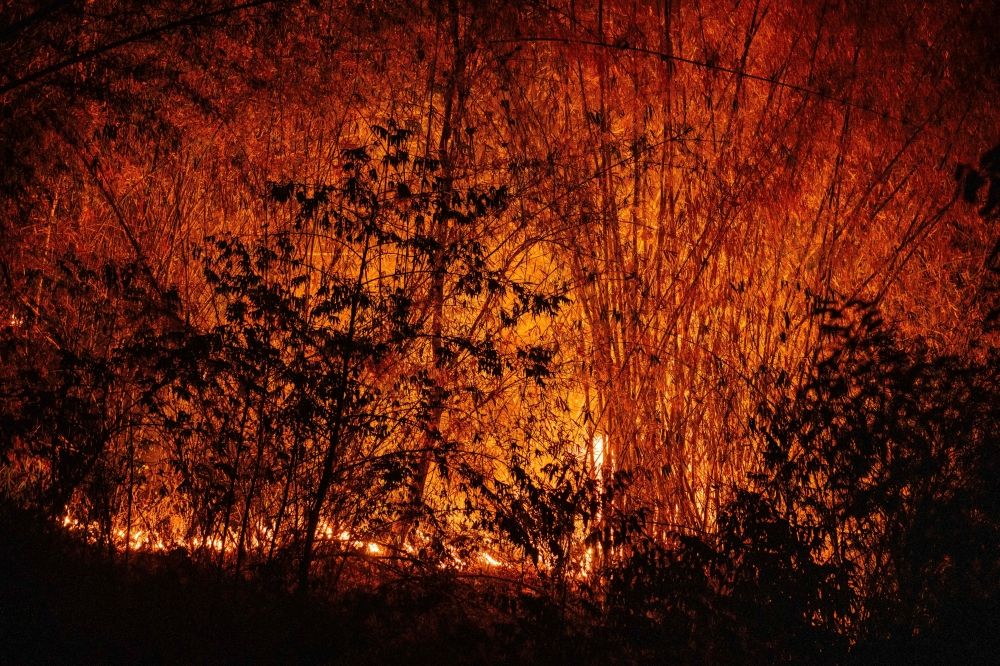 A hillside wildfire is seen from a road in Chiang Mai April 1, 2026. — AFP pic