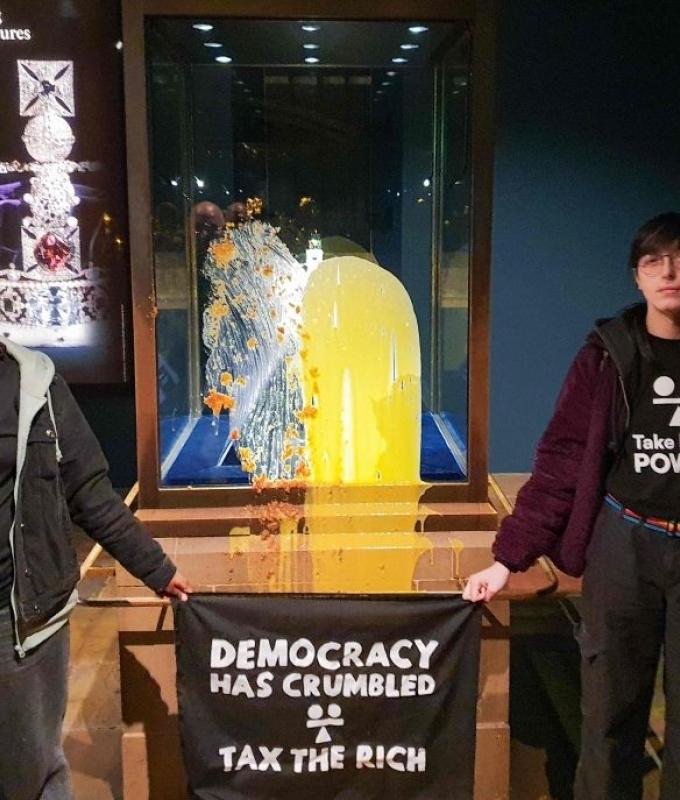 Custard‑splattering activists target Crown Jewels in a sticky show of dissent, ending in four arrests
