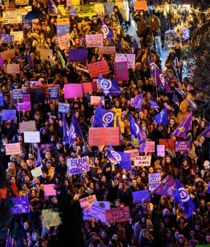 Protests in Paris, Madrid, Istanbul and Latin America call for gender equality and an end to Middle East war